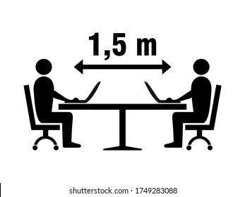 Social Distancing Icon at the Office, Library or Study Room with People Figures Sitting around a Table, Keeping a Distance of 1,5 Meters and Working with their Laptop Computers Icon. Vector Image.