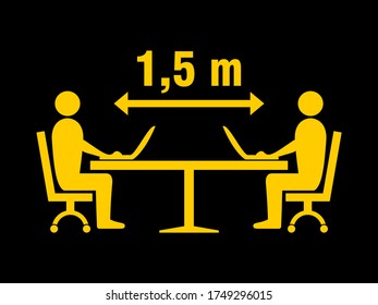 Social Distancing Icon at the Office, Library or Study Room with People Figures Sitting around a Table, Keeping a Distance of 1,5 Meters and Working with their Laptop Computers Icon. Vector Image.
