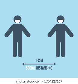 Social distancing icon. People wearing medical face mask, keep 1-2 meter distance to prevent from virus spreading. Space for safety, social isolation, Coronavirus outbreak concept. Flat style vector.