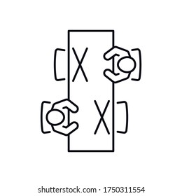 Icono de distanciamiento social. Firma de las medidas de prevención. Personas que mantienen la distancia en la mesa por riesgo de infección y enfermedad. Vector de línea aislado en fondo blanco.