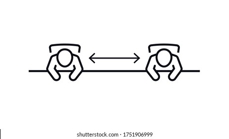 Icono de distanciamiento social. Firma de las medidas de prevención. Personas que mantienen la distancia en la mesa por riesgo de infección y enfermedad. Vector de línea aislado en fondo blanco.