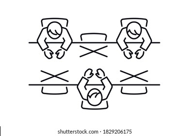 Icono de distanciamiento social. Firma de las medidas de prevención. Personas que mantienen la distancia en la mesa por riesgo de infección y enfermedad. Vector de línea aislado en fondo blanco.