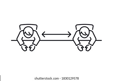 Icono de distanciamiento social. Firma de las medidas de prevención. Personas que mantienen la distancia en la mesa por riesgo de infección y enfermedad. Vector de línea aislado en fondo blanco.