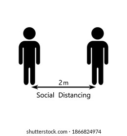Icono de distanciamiento social. Signo de medida de cuarentena, siluetas negras de hombres Manteniendo distancia durante el coronavirus. Ilustración vectorial.
