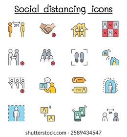 Social distancing icon set in color line style