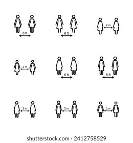 Juego de iconos de distanciamiento social. icono de distancia social. signo de cuarentena automática