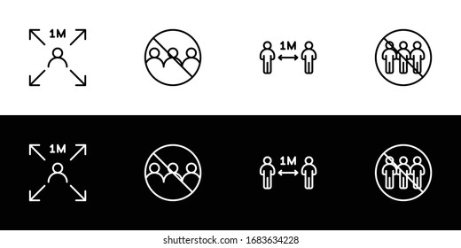 Social Distancing Icon Set. Flat Design Icon Collection Isolated On Black And White Background. Virus Prevention. Avoid Close Contact And Crowd.