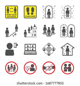 Social Distancing Icon Set. How To Prevent And Eliminate The Corona Virus (Covid-19). Contraindications, Guidelines, Guidance, Interdict, Interdiction