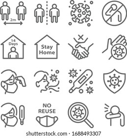 Social Distancing Icon Set Vector Illustration. Contains Such Icon As Mask, Quarantine, Cough, Self Isolation, Temperature, COVID-19 Check And More. Expanded Stroke