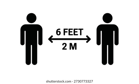 social distancing icon showing two people with six feet or two meters distance isolated on white background for health, safety and pandemic prevention concept