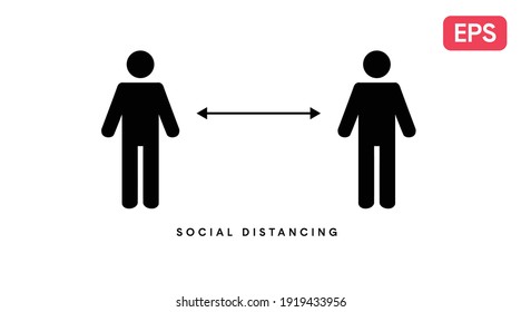 Icono o signo de distanciamiento social. Vector ilustra aisladamente a dos personas y una flecha, distancia social.