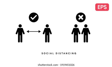Icono o signo de distanciamiento social. Vector ilustra aisladamente a dos personas y una flecha, manteniendo la distancia social y a dos personas sin mantenerla