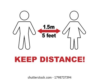 Social distancing icon. Simple man or woman black and white silhouettes with red arrow distance between.