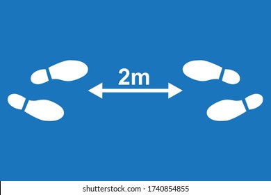 Icono de distanciamiento social con dos pares de huellas de zapatos y una línea de flecha. Mantenga la distancia de 2 metros. Concepto de protección contra la epidemia de coronavirus. Copiar espacio para el diseño o el texto. Ilustración vectorial plana