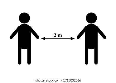 Stockillustration "Social Distancing Icon Vektorillustration" einzeln auf weißem Hintergrund. Einfache Mann schwarze Silhouetten mit Pfeil Abstand zwischen halten Distanz 2 m Schild. Selbstisolierung.Coronavirus.