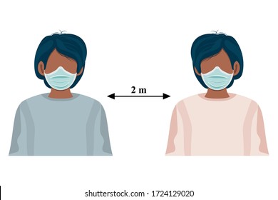 Icono de distanciamiento social. Ilustración de material vectorial aislada en fondo blanco. Hombre simple con una distancia de flecha entre el signo de la distancia de mantenimiento 2 m. Autocuarentena. Coronavirus.
