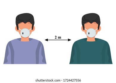 Icono de distanciamiento social. Ilustración de material vectorial aislada en fondo blanco. Hombre simple con distancia de flecha entre el signo de distancia de mantenimiento 2 m. Autocuarentena. Coronavirus.