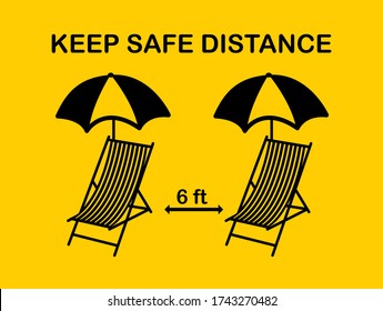 Social distancing icon.Keep Safe Distance 6 Feet sunbed and umbrella on beach after lockdown due to coronavirus covid 19. New normal concept.Symbol sunbed with arrow distance between.Sign vector.