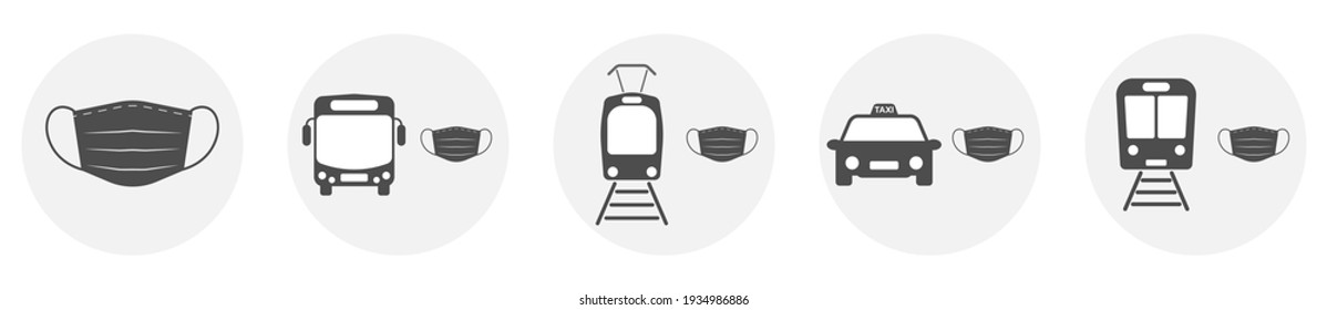 Social distancing icons behaviours. Editable stroke. Mask rules for public transport: bus, train, metro, taxi during Covid-19. Vector elements for warning sign, wall sticker or infographic.