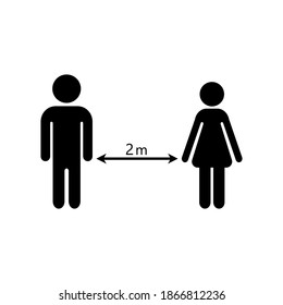 Social distancing icons. Black silhouettes of a man and a woman with an arrow between them. Can be used in the prevention of coronavirus outbreak. Vector illustration.