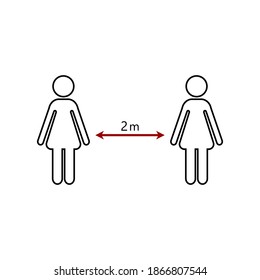 Social distancing icons. Contour silhouettes of women with an arrow between them. Vector illustration.