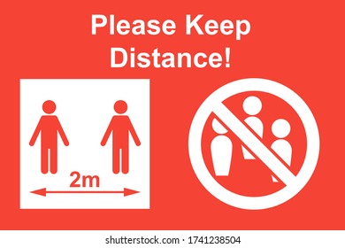 Social distancing icons and please keep distance text on a red background. Keep the 2-meter distance. Coronavirus epidemic protective concept. Copy space for design or text. Flat vector illustration