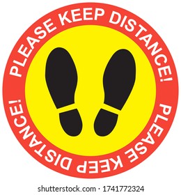 Social distancing icons and please keep distance text in red circle. Shoe or footprint in circle. Coronavirus epidemic protective concept. Sign for stickers design. Flat vector illustration