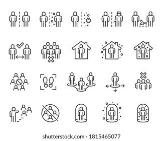 Social Distancing Icons Set. Collection of linear simple web icons such Self-Isolation, Safe Distance, Stay Home, Keep Distance, Quarantine and others. Editable Vector Stroke 