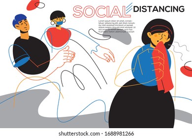Idea de distanciamiento social - banner de diseño plano con lugar para texto. Recomendación sobre medidas de protección contra el coronavirus. Una mujer estornudando, cubriéndose la cara con un pañuelo, sus amigos de pie a un lado