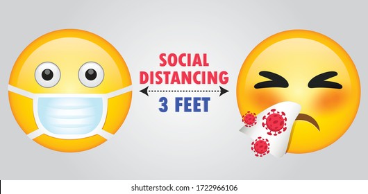 Social distancing illustrated concept vector illustration.emotiocn with mask.Coronavirus emoji.Coronavirus Bacteria Cells,2019 Novel Coronavirus Bacteria.Stop Coronavirus .Mask emoji.Mask emoticon.