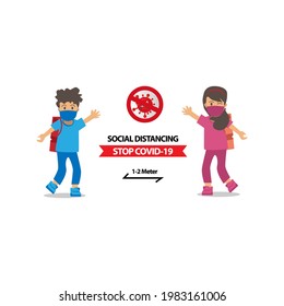 Social distancing illustration kids student isolated on white background