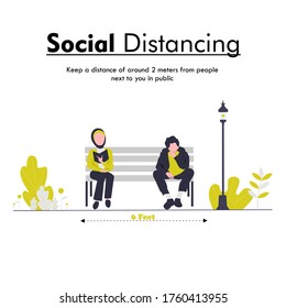 Social distancing illustration man and woman in the garden.prevent from virus spreading and flu prevention coronavirus, social isolation and self quarantine concept