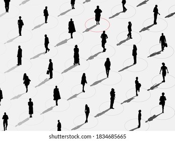 Social Distancing Illustration for Preventing Coronavirus Covid-19 with Flat People Keeping a Circular Distance Boundary with One Infected. Modern Isometric Style Vector Illustration Wide Grayscale.