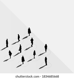 Social Distancing Illustration for Preventing Coronavirus Covid-19 with Flat People Keeping a Circular Distance Boundary. Modern Isometric Style Vector Illustration Square Grayscale for Social Media.