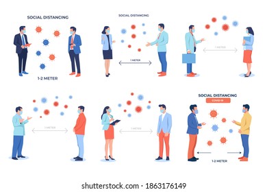 Social distancing illustration set. keep distance in public society people to protect from COVID-19 coronavirus.