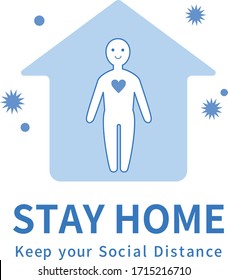 Social distancing illustration - silhouettes of people standing away from each other, virus icons around person in middle, arrows with 2m distance between. Coronavirus covid-19 outbreak prevention