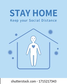 Social distancing illustration - silhouettes of people standing away from each other, virus icons around person in middle, arrows with 2m distance between. Coronavirus covid-19 outbreak prevention