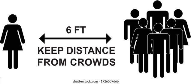 Social distancing illustration silhouettes of people standing in large group and a person standing 6ft away, Covid-19 outbreak prevention. 