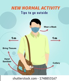 social distancing, illustration vector graphic of new normal activity, tips to go outside for healthy.