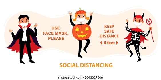 Social distancing infographic banner of COVID 19 with cute Halloween cartoon characters in costumes and protective masks. Vector coronavirus protection measures banner or flyer for social places