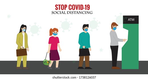 Social distancing infographic. Social distancing, keep distance in public society people to protect from COVID-19.maintain a safe distance from others when using ATM and self service machines.