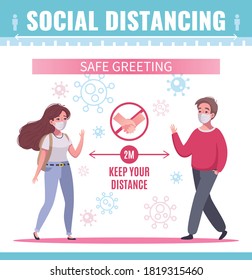 Social distancing infographic poster with two people in masks greeting each other safely cartoon vector illustration
