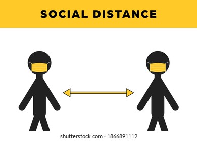 Social Distancing. Infographics. Information, rule. keep your distance. Dark Silhouette of people in medical masks arrow yellow background. Vector.