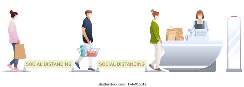 Social distancing isolated on white background. Buyers in medical masks with baskets near cashier desk. Keep safe distance between them at shop to prevention spread Covid-19. Anti-theft sensor.