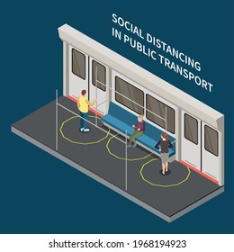 Social distancing isometric composition with editable text and view of train cabin with distanced passengers characters vector illustration