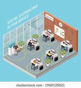 Composición isométrica de distanciamiento social con visión interior de oficina con lugares de trabajo lejos de otros ilustración vectorial