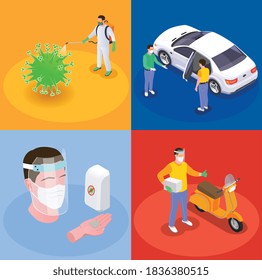 Social distancing isometric design concept with disinfection sanitizers vehicles and people at safe amount of distance vector illustration