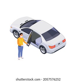 Social distancing isometric icon with driver in medical mask and gloves opening car door vector illustration