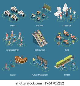 Conjunto isométrico de distanciamiento social de íconos aislados con subtítulos de texto y personas en varios lugares públicos ilustración vectorial