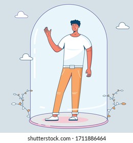 Social distancing. Keep the 1-2 meter distance. Flat Illustration of a young man under protective glass.Infection control concept, Coronavirus, 2019-nCoV, flu, virus. Vector